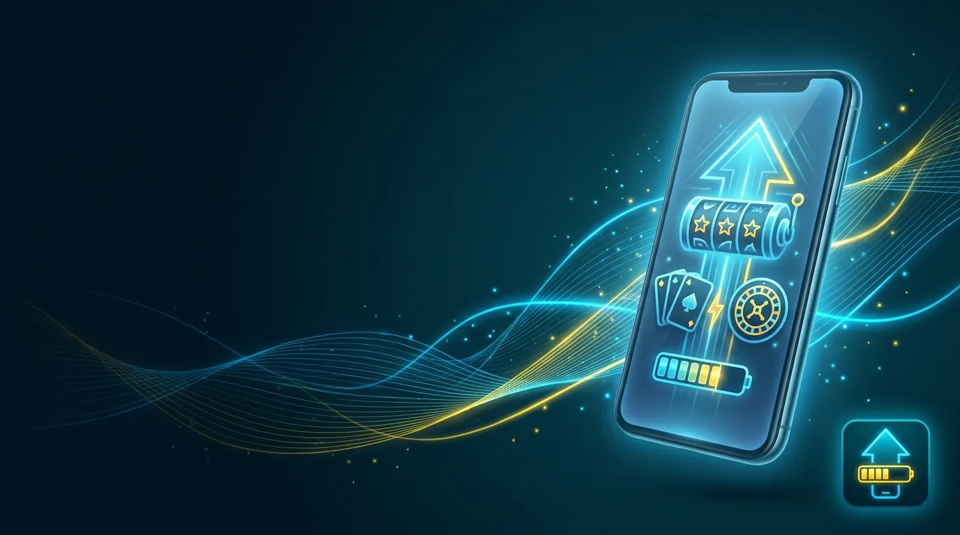 Dark teal hero banner with glowing electric-blue upward arrow, yellow energy bar, and smartphone outline for Boost Casino gui